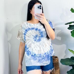 Valentina Naldi Made in Italy sz M 100% Linen Tie Dye Grey and Blue Top Summer